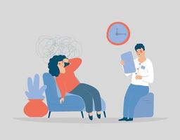vrouw zit in een fauteuil en praat met een arts. psychotherapie concept vector