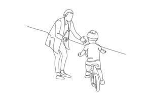 doorlopend een lijn tekening gelukkig ouders met haar kind rijden fiets samen. vector illustratie.