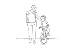 doorlopend een lijn tekening gelukkig ouders met haar kind rijden fiets samen. vector illustratie.