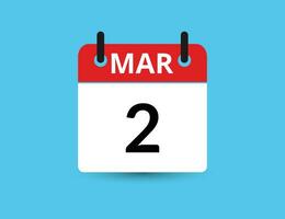 maart 2. vlak icoon kalender geïsoleerd Aan blauw achtergrond. datum en maand vector illustratie
