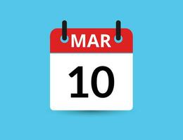 maart 10. vlak icoon kalender geïsoleerd Aan blauw achtergrond. datum en maand vector illustratie