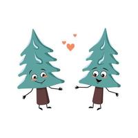 schattige kerstboom met liefdesemoties, lachgezicht, armen en benen vector