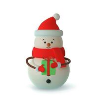 realistisch 3d grappig sneeuwman met geschenk in hand. vrolijk Kerstmis en gelukkig nieuw jaar. vector illustratie