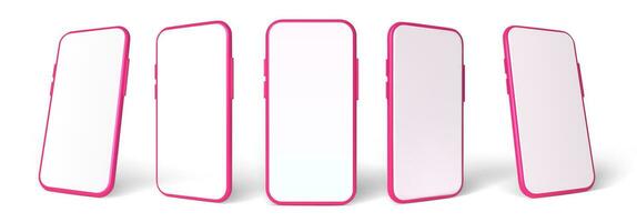 roze smartphone mockup in 3d stijl. vector sjabloon set. mobiel telefoon voorkant visie Aan de wit achtergrond