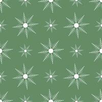 een gemakkelijk, naadloos patroon van wit sneeuwvlokken Aan een groen achtergrond. vector illustratie voor kaarten, spandoeken, flyers, affiches, textiel, omhulsel papier. Kerstmis en nieuw jaar.