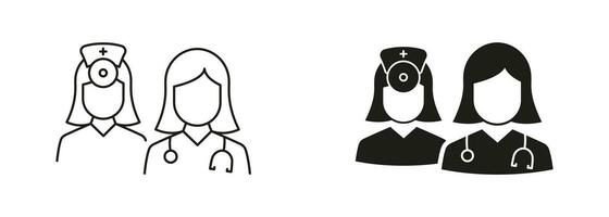 dokter en vrouw verpleegster team lijn en silhouet pictogrammen. gezondheidszorg professioneel ziekenhuis personeel zwart symbool verzameling. vrouw medisch specialisten groep pictogram set. geïsoleerd vector illustratie.