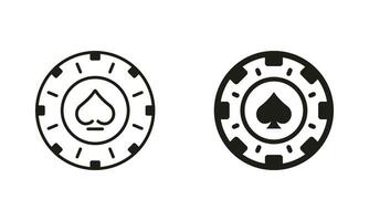 spaander casino, vegas roulette lijn en silhouet icoon set. Speel munt, Lucky en risico in het gokken spel pictogram. poker chippen. geld inzet, cirkel token symbool verzameling. geïsoleerd vector illustratie.