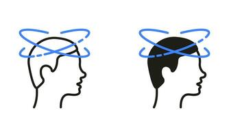 Mens voelen hoofdpijn pictogram. moe Mens met misselijkheid lijn en silhouet zwart icoon set. duizelig, afgeleid hoofd, duizeligheid, migraine symbool verzameling Aan wit achtergrond. geïsoleerd vector illustratie.