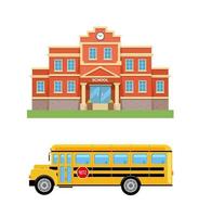 schoolgebouw, college en schoolbus. vector instellen