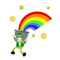 elf van Ierse folklore klaver keltisch en ketel met geld en regenboog tekenfilm tekening vlak ontwerp stijl vector illustratie
