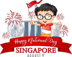 singapore nationale feestdag banner met een jongen houdt singapore vlag cartoon vector