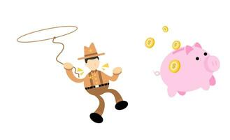 Amerika cowboy plukken varken bank geld dollar economie tekenfilm tekening vlak ontwerp stijl vector illustratie