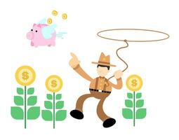 cowboy Amerika vangst varken bank geld economie tekenfilm tekening vlak ontwerp stijl vector illustratie