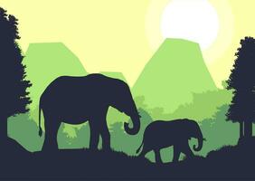 olifant dier silhouet Woud berg landschap vlak ontwerp vector illustratie