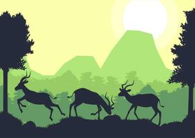 antilope Impala hert dier silhouet Woud berg landschap vlak ontwerp vector illustratie