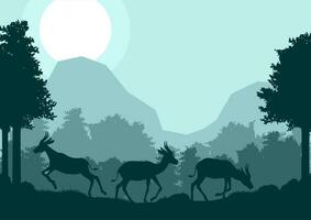 Impala hert dier silhouet Woud berg landschap vlak ontwerp vector illustratie