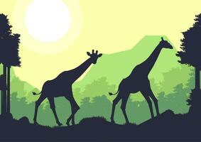 giraffe dier silhouet Woud berg landschap vlak ontwerp vector illustratie