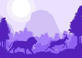 leeuw jacht Impala hert dier silhouet Woud berg landschap vlak ontwerp vector illustratie