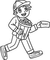 kind Holding popcorn en ticket geïsoleerd kleur vector