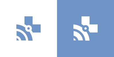Gezondheid technologie logo ontwerp met een combinatie van plus en signaal vorm elementen. vector