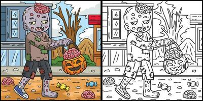 zombie met halloween mand kleur illustratie vector