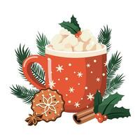 heet Kerstmis drinken met marshmallows, peperkoek koekje, Spar takken, en kaneel stok. geïsoleerd Aan wit achtergrond, vector illustratie, vrolijk Kerstmis en nieuw jaar themed ontwerp.