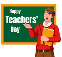 gelukkig leraren dag met mannetje leraar en schoolbord vector
