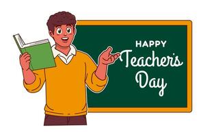 gelukkig leraren dag met zwart mannetje leraar en schoolbord vector