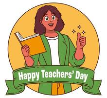 gelukkig leraren dag met vrouw leraar draag- boeken vector