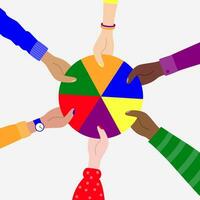 tekenfilm handen van gemengd ras mensen Holding symbolisch figuren toegetreden in de lgbt vlag. top visie. diversiteit, inclusie en gelijkwaardigheid. gemeenschap medewerking, teamwerk, seksueel vrijheid. vector illustratie