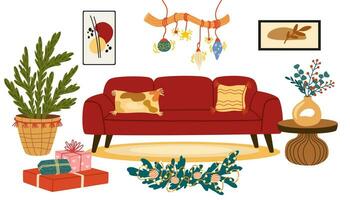 Kerstmis interieur elementen set. bank, vaas, kaars, stoel en tafel. winter vakantie huis decoraties. knus huis meubilair. vector hand- trek illustratie geïsoleerd