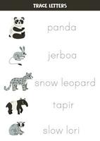 traceren brieven met schattig Aziatisch dieren. schrijven oefening. vector