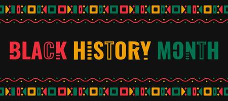 zwart geschiedenis maand viering banier met etnisch decoratie, helder kleuren en tekst Aan een zwart achtergrond. vector illustratie.