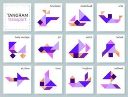 tangram puzzel spel voor kinderen. vector kleurrijk verzameling met divers vervoer. geïsoleerd tangram vervoer pictogrammen Aan wit achtergrond. vector illustratie