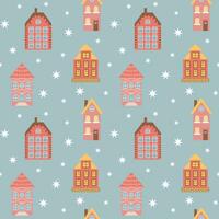 Scandinavisch roze huizen en sneeuwvlokken naadloos patroon. perfect voor kaarten, uitnodigingen, behang, spandoeken, kleuterschool, baby douche, kinderen kamer decoratie. vector
