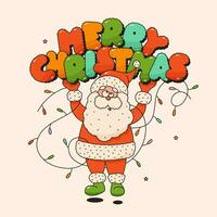 groovy mascotte de kerstman claus karakter met brieven vrolijk Kerstmis en guirlande. denkbeeldig oud Mens met lang, wit haar, baard en rood jas. vector