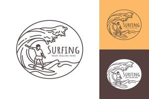 surfing lijn kunst logo concept postzegel van Mens surfing met rollend oceaan golven vector