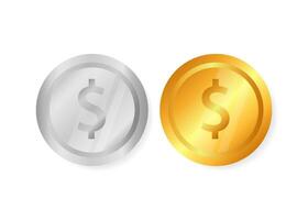 twee realistisch munten Aan een wit achtergrond. bedrijf concept. goud en zilver. vector illustratie.