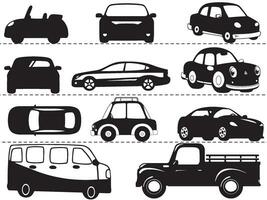 auto silhouet Aan wit achtergrond. auto pictogrammen reeks visie van divers kant, voorkant, rug, en top kant visie. vector illustratie.