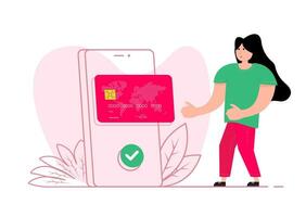 een vrouw staat in de buurt de smartphone, Aan de scherm betalen met kaart. online betaling. geld overdracht. vector