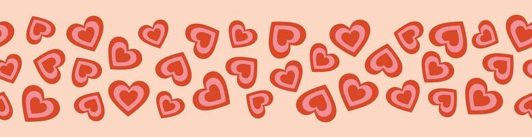 naadloos grens van rood en roze harten. tekenfilm elementen in modieus retro stijl Aan roze achtergrond vector