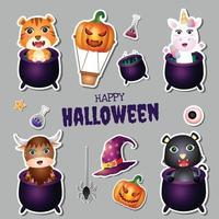 stickers halloween met schattige tijger, eenhoorn, buffel, zwarte kat vector