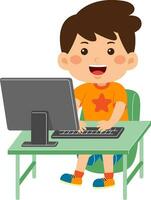 schattig weinig kind jongen gebruik computer vector