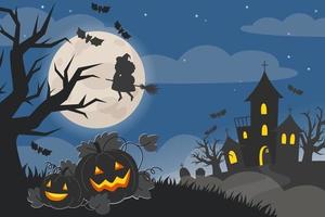 halloween nachtlandschap met kasteel, pompoenen en volle maan vector