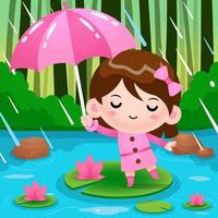 schattig klein meisje op vijver verstopt onder paraplu tijdens de regen vector