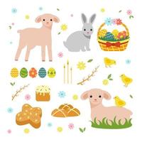 Pasen lente set. schattige schapen, konijntjes, eieren, wilg, cakes vector
