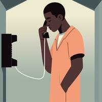 jong zwart Mens in een gevangenis instelling, staand binnen een telefoon kraam, diep in gesprek, vlak stijl vector illustratie, gevangene nemen een telefoon telefoongesprek, voorraad vector beeld