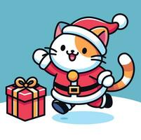 calico kat in de kerstman pak, speels achtervolgen een geschenk doos Aan een besneeuwd grond, vector illustratie, de kerstman claus kat, Kerstmis kat achtervolgen een geschenk doos, voorraad vector afbeelding, gekleurde