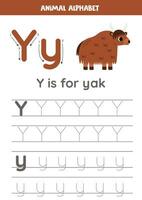 traceren alfabet brieven voor kinderen. dier alfabet. y is voor jak. vector