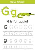 traceren alfabet brieven voor kinderen. dier alfabet. g is voor gaviaal. vector